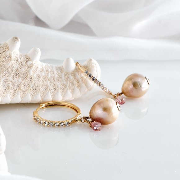 Baroque Pearl & Pink Topaz Hoop Earrings, 14K Gold Filled CZ Hoops - Picture 9 of 11